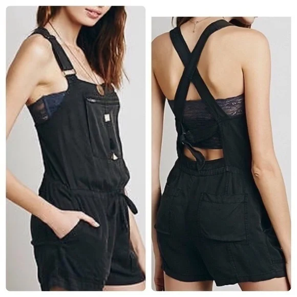 Free People Black Basically Backless Shortalls Overalls Shorts XS rare - Picture 1 of 8